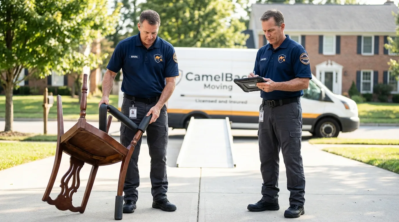 Movers inspecting furniture for damage prevention before loading in Mayersville, MS