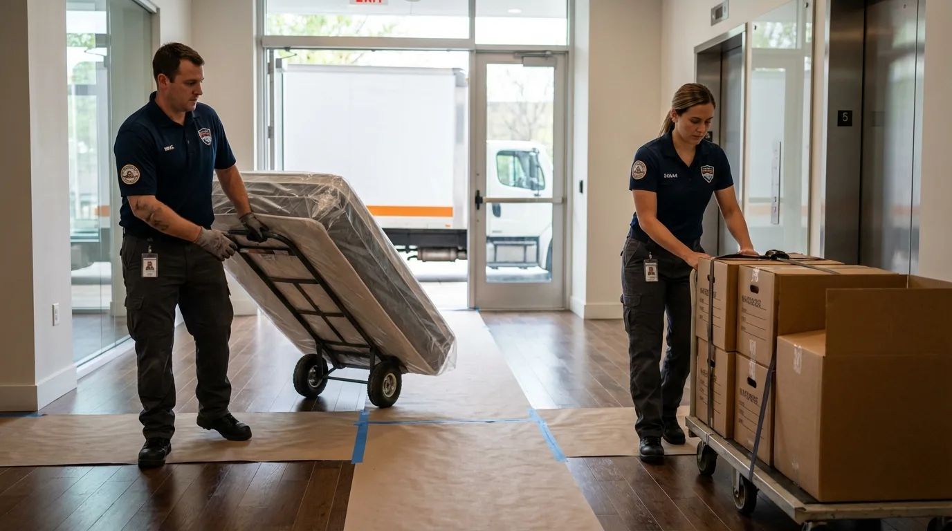 Professional apartment movers loading elevator in Mayersville, MS